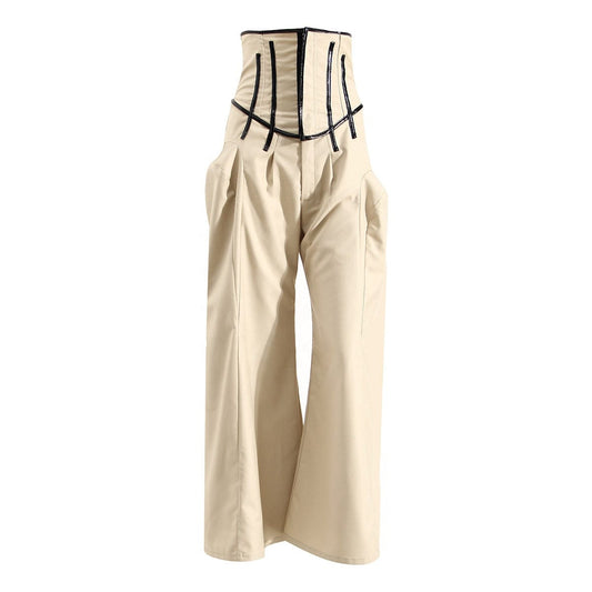 OUDINA Guangzhou Original Design Female Adjustable Fishbone  Women Casual Wide Leg Pants High Waist Khaki Trousers For Ladies