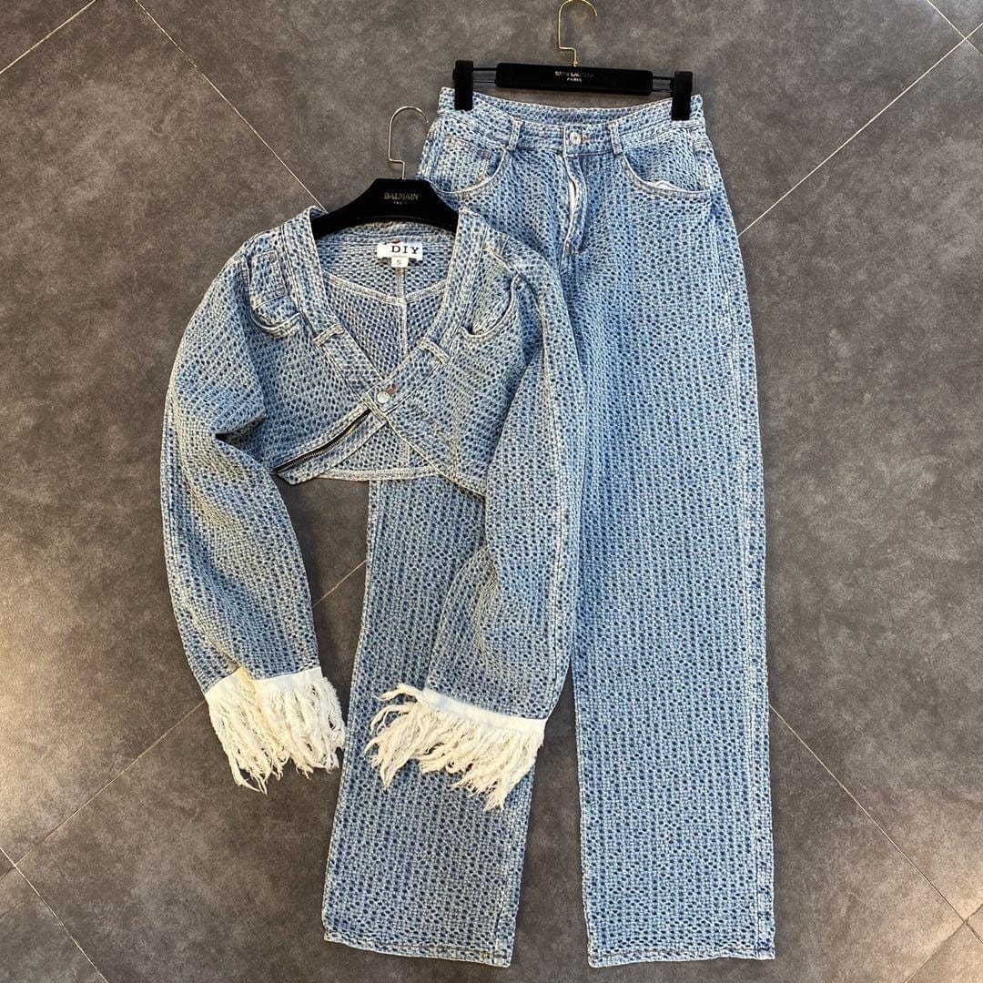 OUDINA High Fashion Long Sleeve Tassel Cropped Jacket 2 Piece Denim Jeans Pants Women Two Piece Denim Set