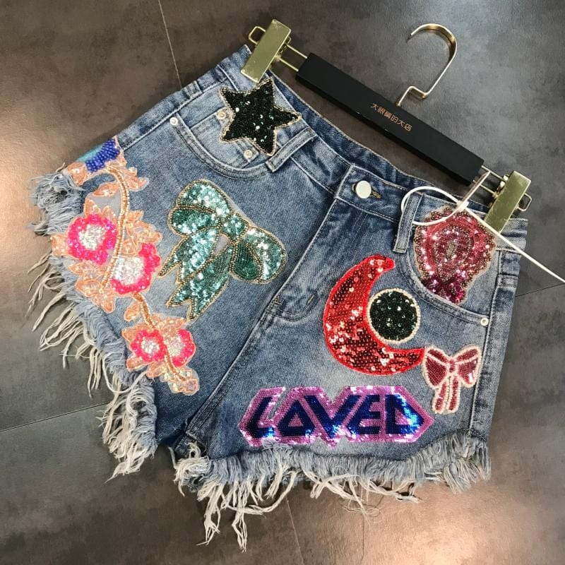 OUDINA Hot Selling Heavy Industry Patch Raw Edge Sequins Fashion Women's Denim Shorts For Woman