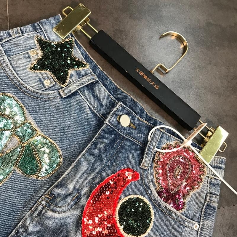 OUDINA Hot Selling Heavy Industry Patch Raw Edge Sequins Fashion Women's Denim Shorts For Woman