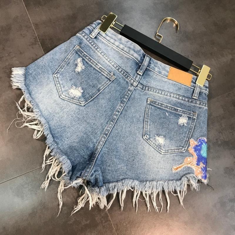 OUDINA Hot Selling Heavy Industry Patch Raw Edge Sequins Fashion Women's Denim Shorts For Woman