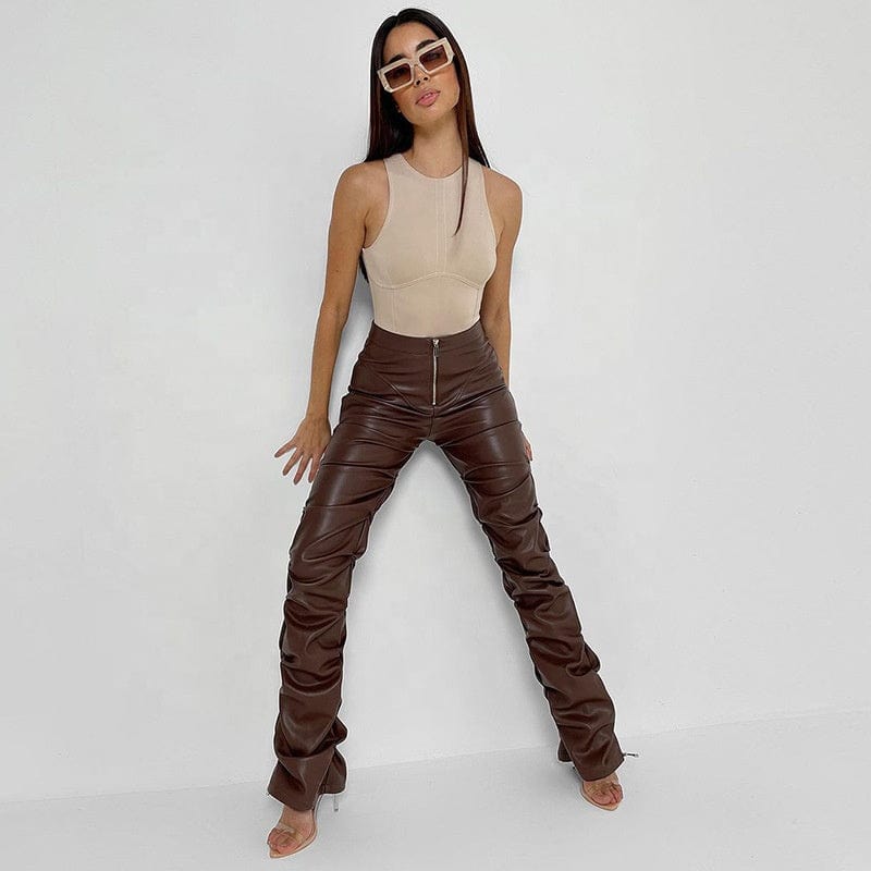 OUDINA Hot Selling High Waist Casual Trousers Zipper Pleated Brown Stacked Pant Women Leather Pants