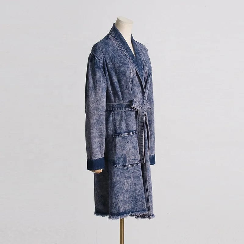 OUDINA New 2023 Old Design Long Denim Trench Coat Stitching Ostrich Feather Waisted Women Jeans Jacket