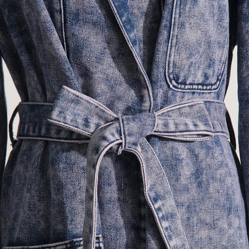 OUDINA New 2023 Old Design Long Denim Trench Coat Stitching Ostrich Feather Waisted Women Jeans Jacket