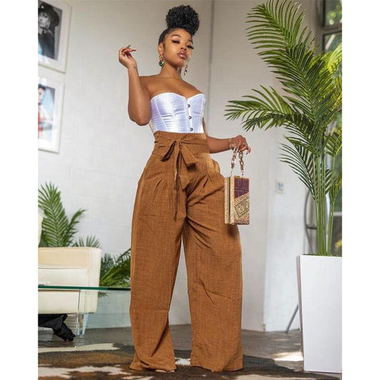 OUDINA New Arrivals Casual Pants For Women Long Trousers  High Waist Belt Drawstring Wide Leg Pants