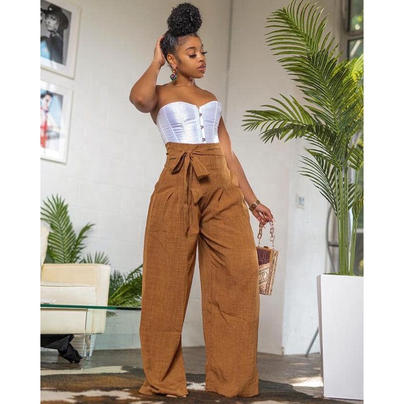 OUDINA New Arrivals Casual Pants For Women Long Trousers  High Waist Belt Drawstring Wide Leg Pants