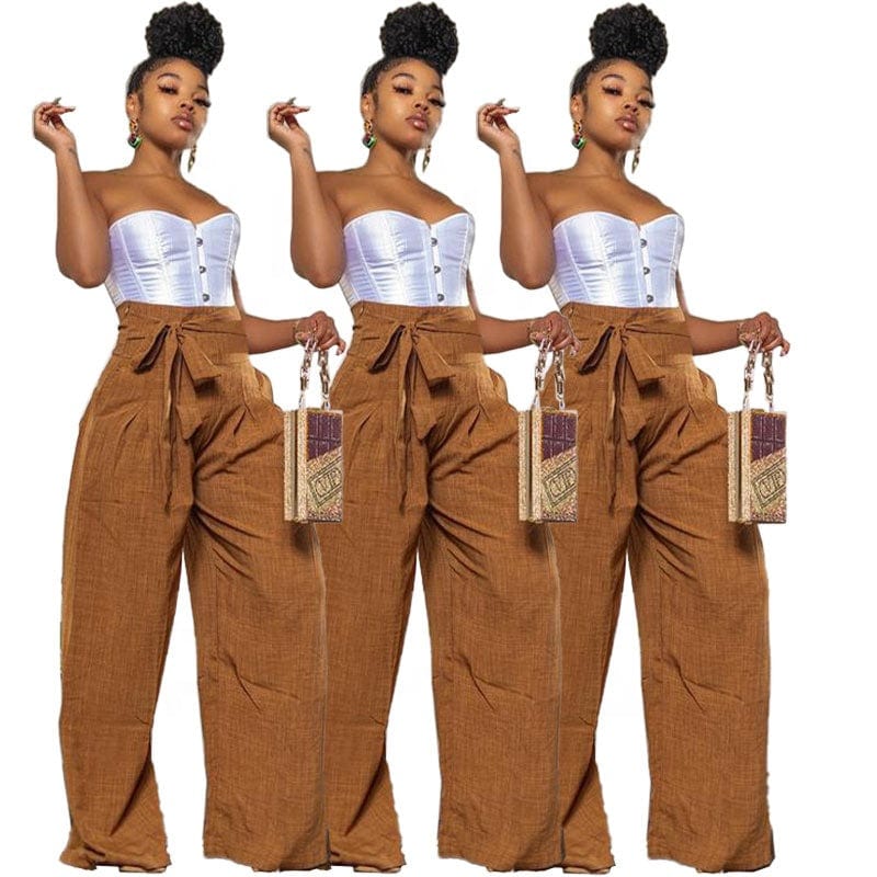 OUDINA New Arrivals Casual Pants For Women Long Trousers  High Waist Belt Drawstring Wide Leg Pants