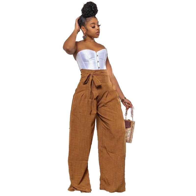 OUDINA New Arrivals Casual Pants For Women Long Trousers  High Waist Belt Drawstring Wide Leg Pants