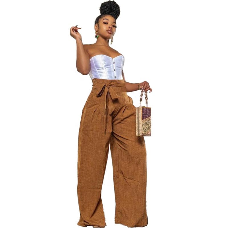 OUDINA New Arrivals Casual Pants For Women Long Trousers  High Waist Belt Drawstring Wide Leg Pants