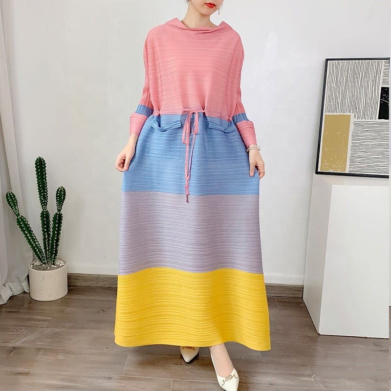 OUDINA New Fashion Pleated Plus Size Oversized Long Sleeve Maxi Dress Women Muslim Casual Women's Dresses