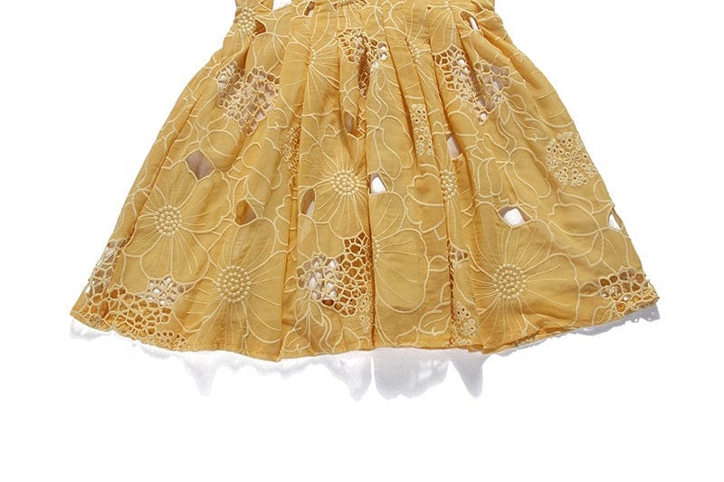 OUDINA New Seaside Short High Waist Flower Embroidery Casual Elegant Sleeveless Yellow Mini Dress