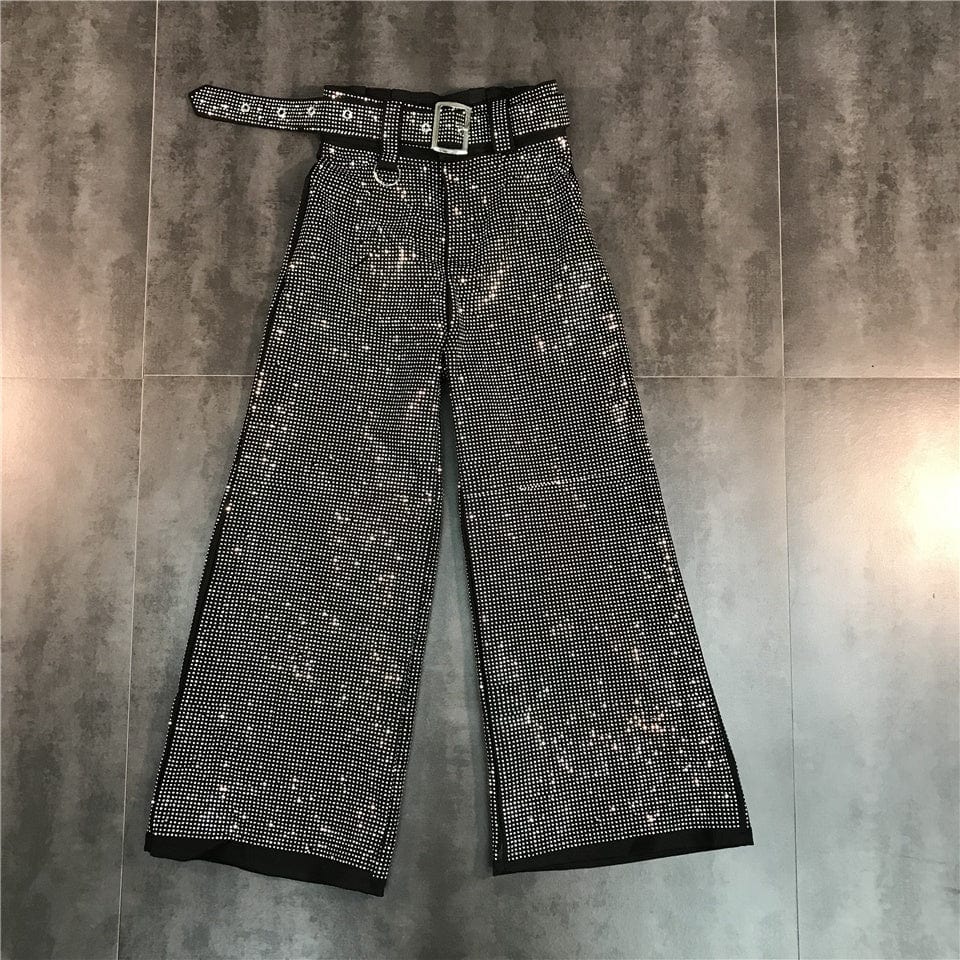 OUDINA Trendy New Full Long Trousers With Belt Casual Ladies Shiny Sequins Pant Women Wide Leg Pants