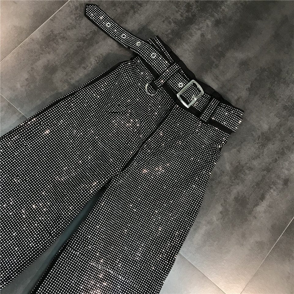 OUDINA Trendy New Full Long Trousers With Belt Casual Ladies Shiny Sequins Pant Women Wide Leg Pants