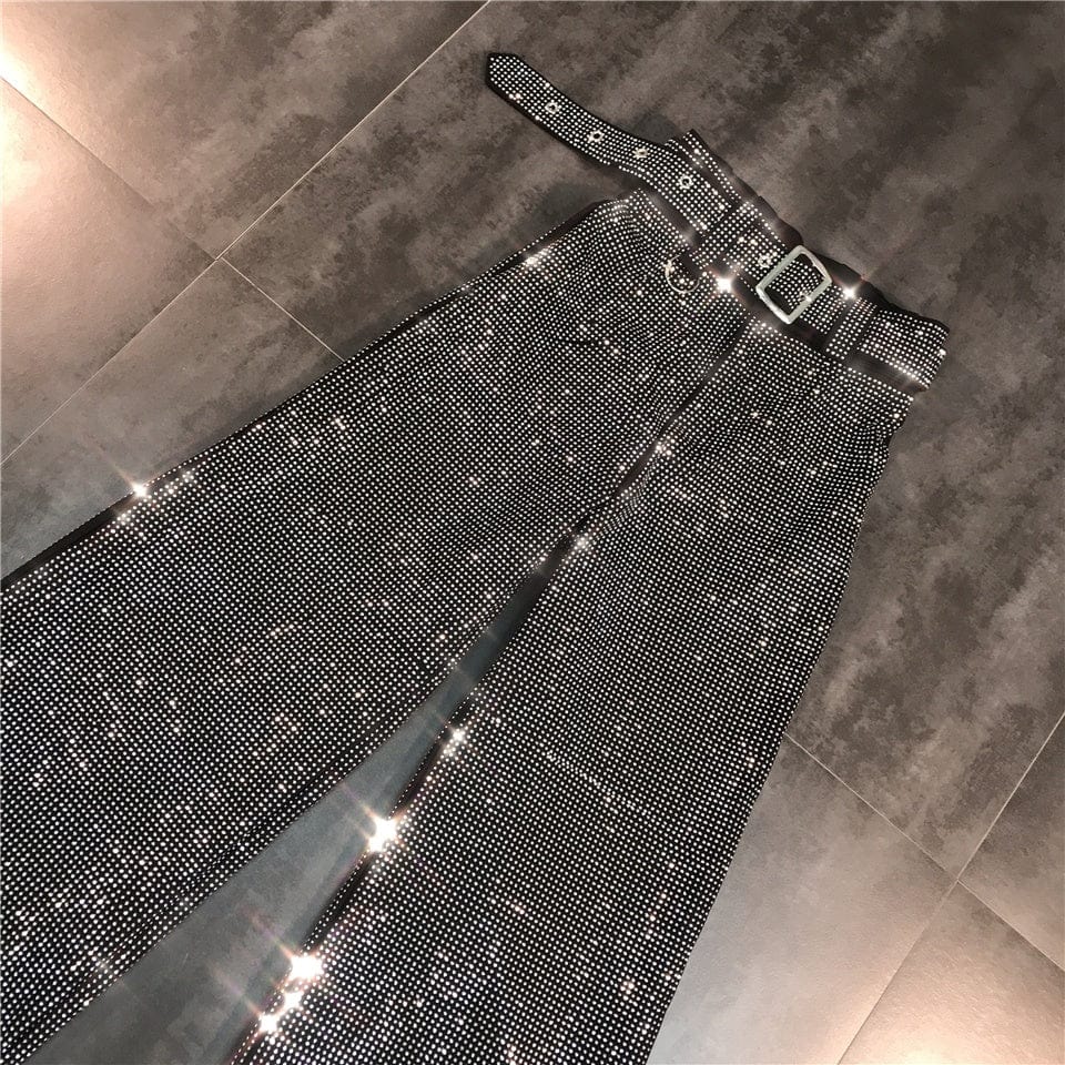 OUDINA Trendy New Full Long Trousers With Belt Casual Ladies Shiny Sequins Pant Women Wide Leg Pants