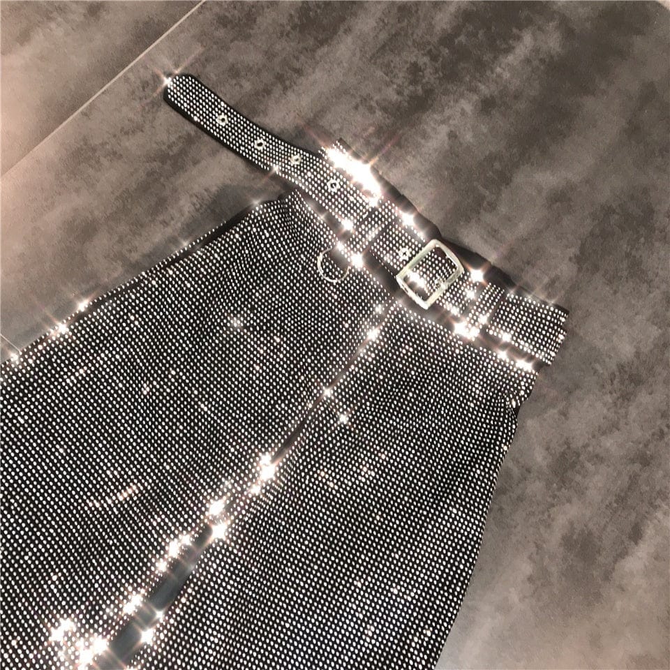 OUDINA Trendy New Full Long Trousers With Belt Casual Ladies Shiny Sequins Pant Women Wide Leg Pants