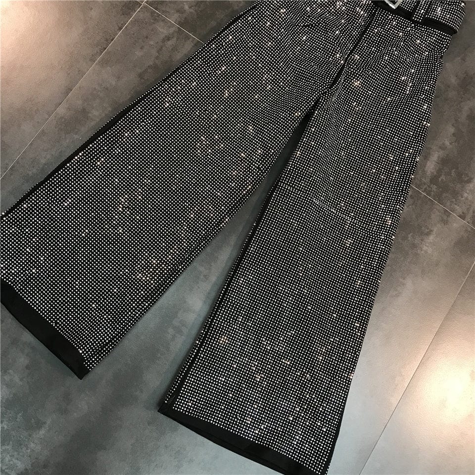 OUDINA Trendy New Full Long Trousers With Belt Casual Ladies Shiny Sequins Pant Women Wide Leg Pants