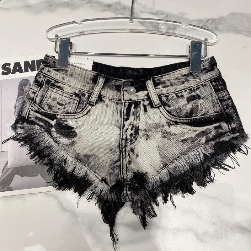 OUDINA Trendy Street Sexy Hot Pants Frayed Old Fringe Washed Denim Shorts For Women