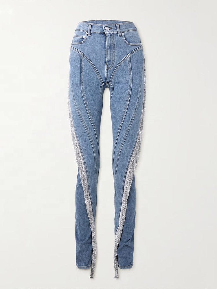 OUDINA Unique Fashionable Wholesale Elastic Diamond Chain Tassel Denim Pants Skinny Womens Jeans