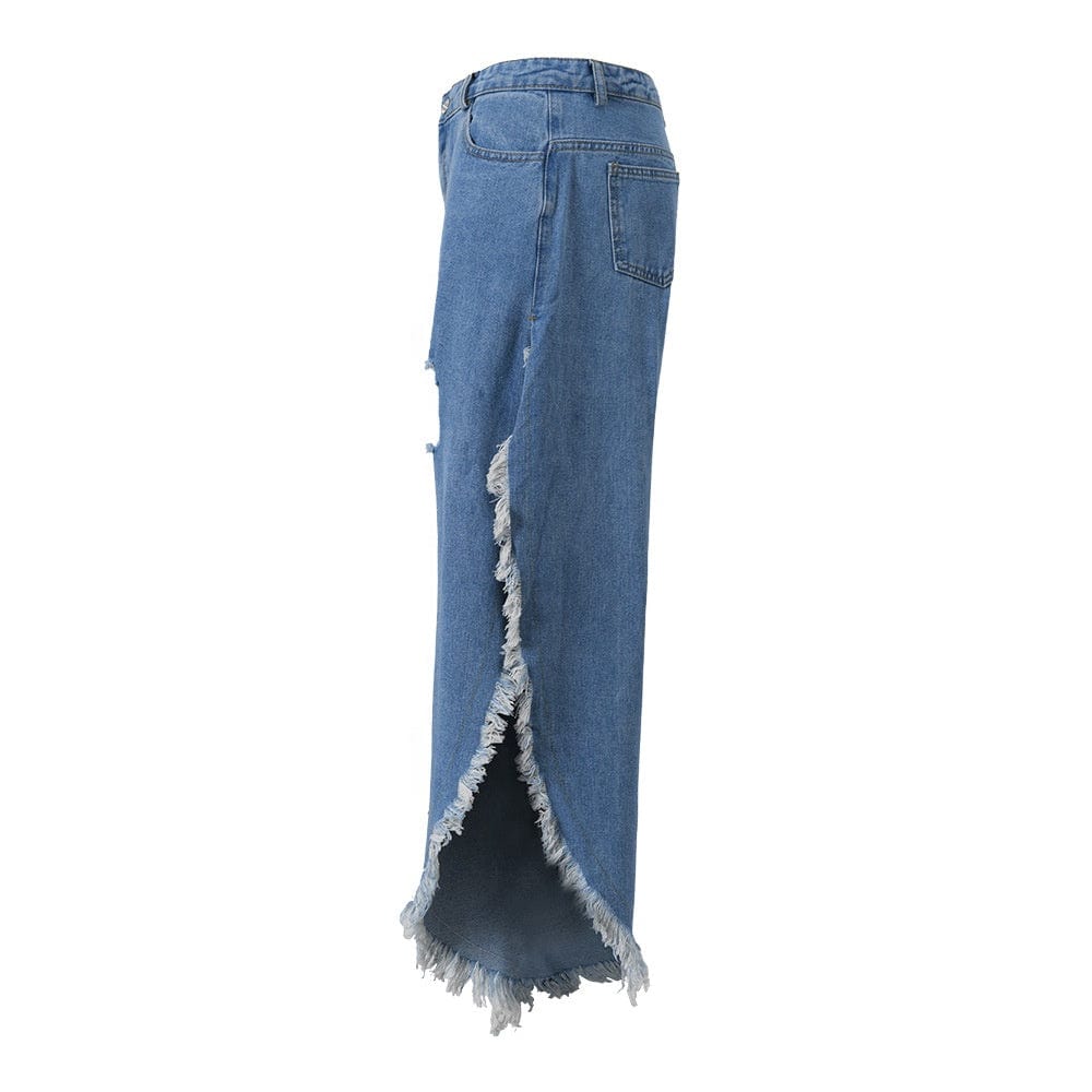 OUDINA Wholesale Private Label Women's Clothing Denim Tassel Ripped Wide Leg Jeans Pants For Women