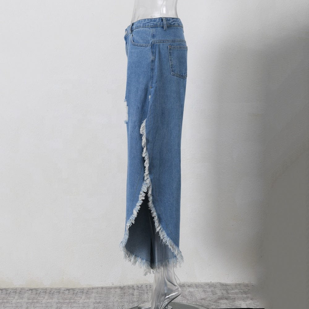 OUDINA Wholesale Private Label Women's Clothing Denim Tassel Ripped Wide Leg Jeans Pants For Women