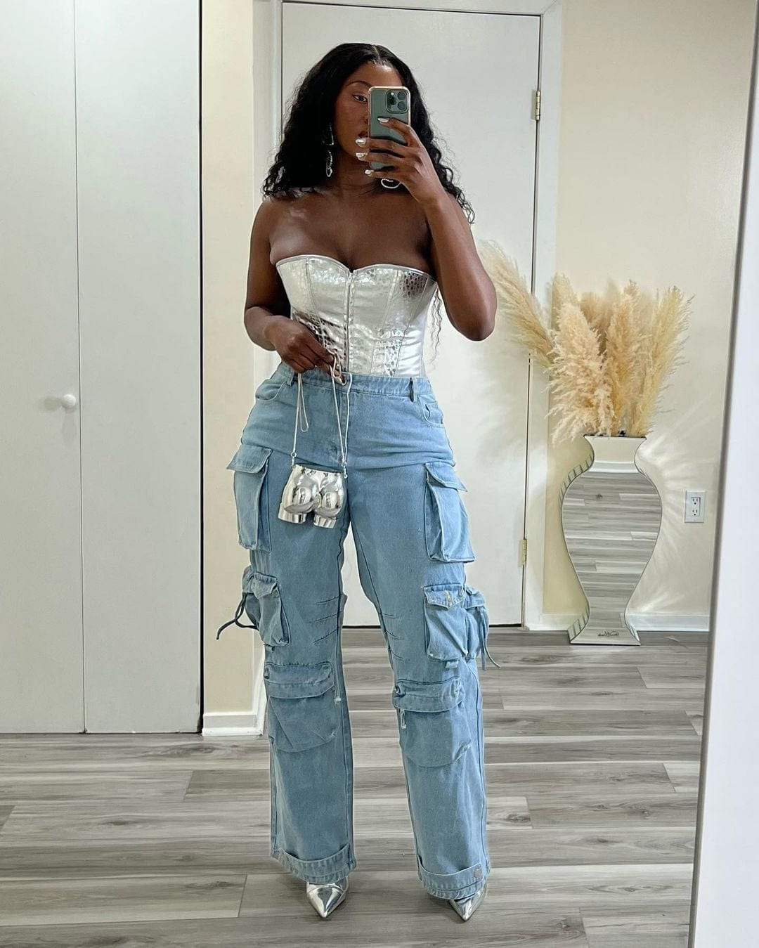 OUDINA Wholesale Ready To Ship Wide Leg Pants Ladies Baggy Casual Femmes Pantalon Women Denim Cargo Jeans Women