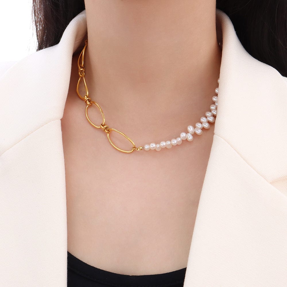 P010 gold freshwater pearl stitching necklace 37 5cm New Ladies Texture Link Chain Natural Freshwater Pearl Necklace Gold Metal Baroque Pearl Patchwork Chain Necklace