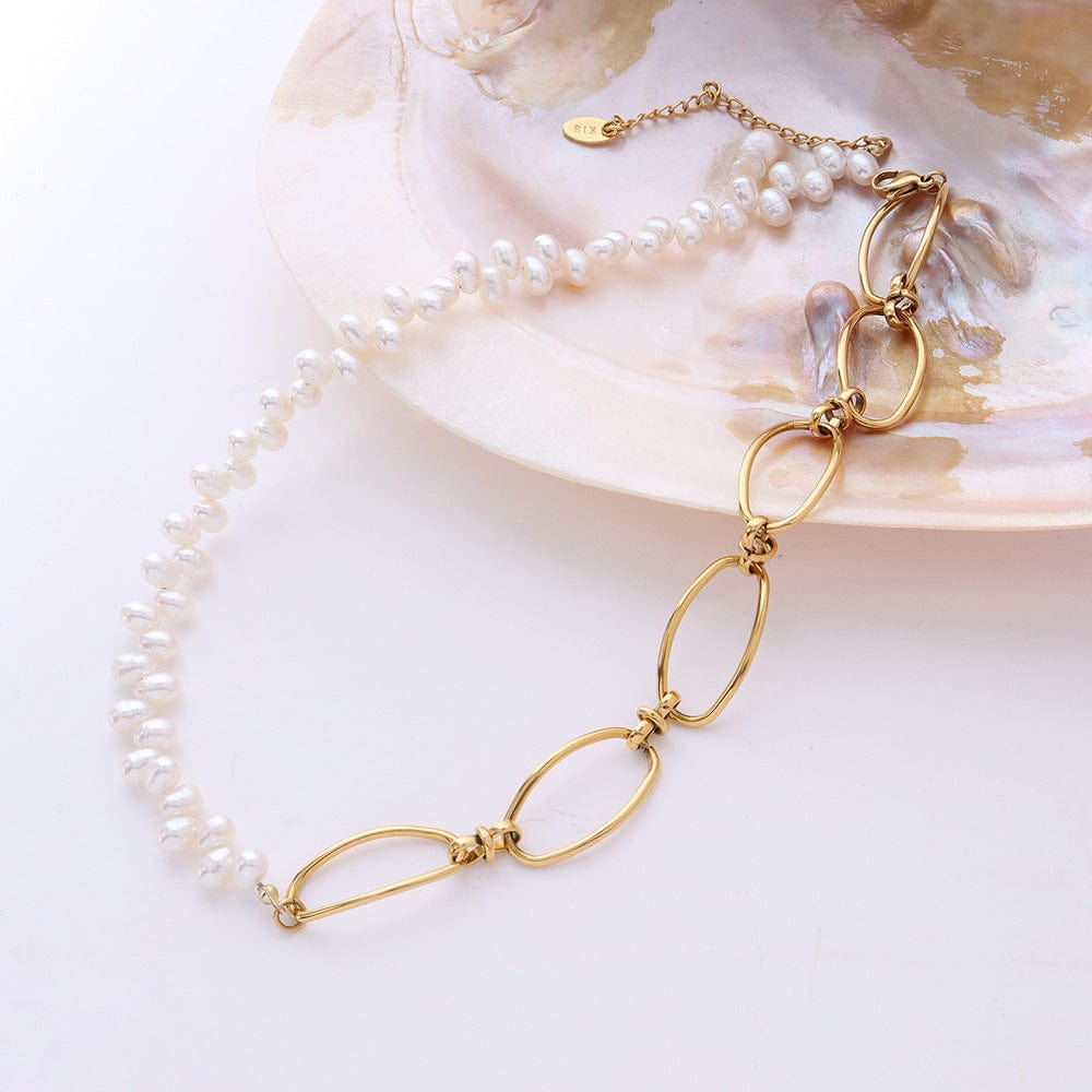 P010 gold freshwater pearl stitching necklace 37 5cm New Ladies Texture Link Chain Natural Freshwater Pearl Necklace Gold Metal Baroque Pearl Patchwork Chain Necklace