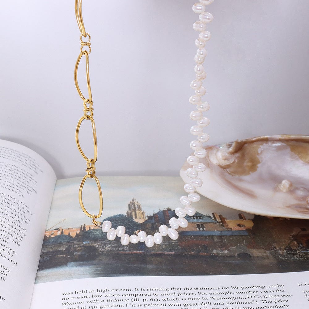 P010 gold freshwater pearl stitching necklace 37 5cm New Ladies Texture Link Chain Natural Freshwater Pearl Necklace Gold Metal Baroque Pearl Patchwork Chain Necklace