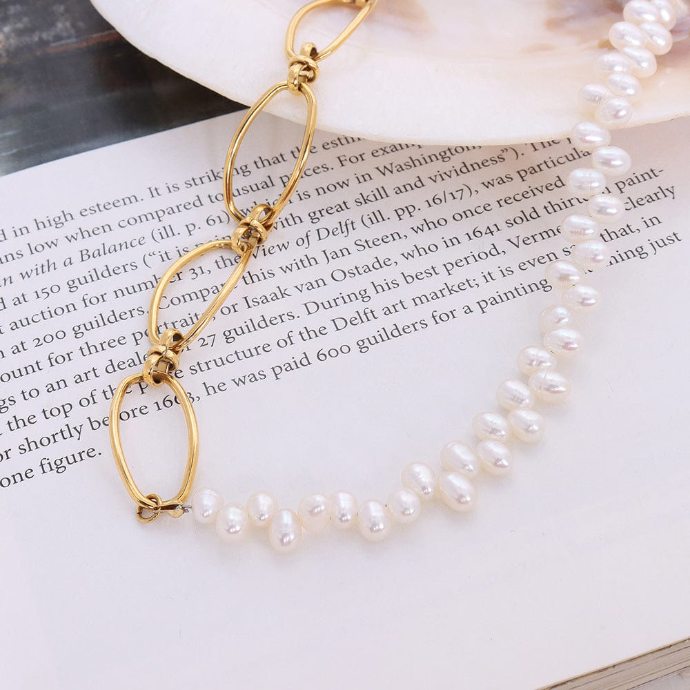 P010 gold freshwater pearl stitching necklace 37 5cm New Ladies Texture Link Chain Natural Freshwater Pearl Necklace Gold Metal Baroque Pearl Patchwork Chain Necklace