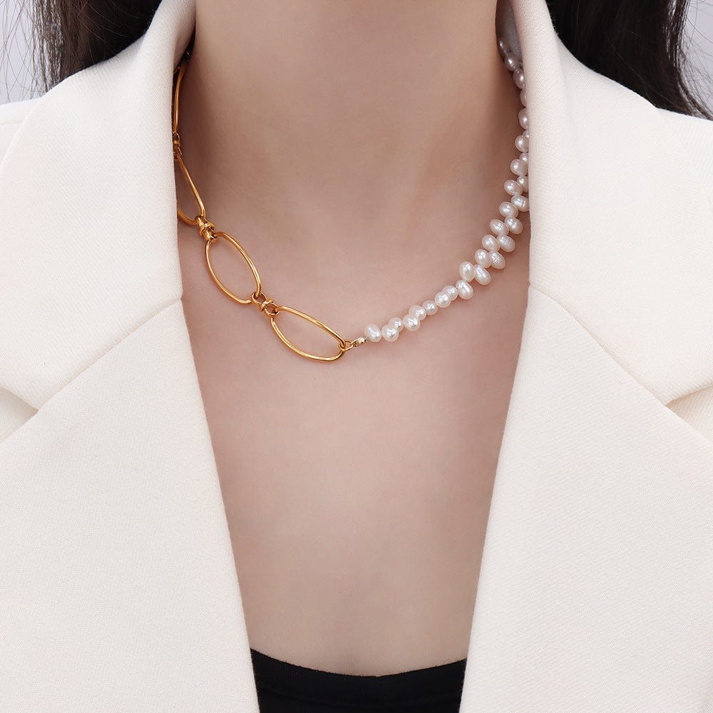 P010 gold freshwater pearl stitching necklace 37 5cm New Ladies Texture Link Chain Natural Freshwater Pearl Necklace Gold Metal Baroque Pearl Patchwork Chain Necklace