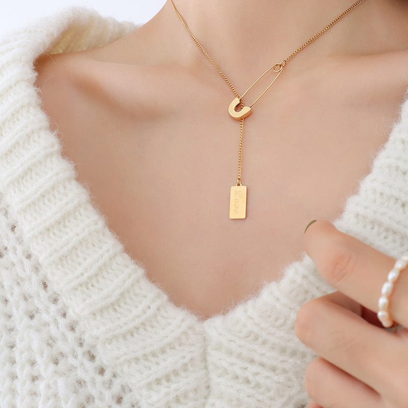 P484 gold pin letter square plate necklace Korea New Fashion Creative Pin Letter Square Necklace Women Chain Pendant Sweater Chain Necklaces Party Wedding Jewelry Gift