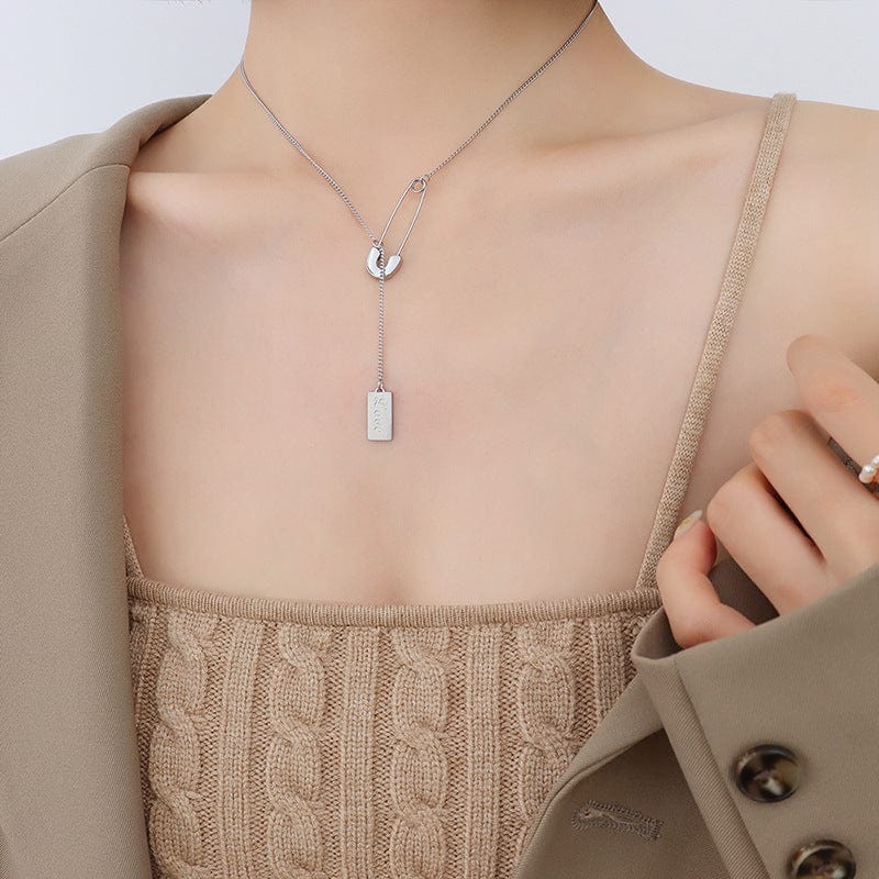 P484 steel pin letter square plate necklace Korea New Fashion Creative Pin Letter Square Necklace Women Chain Pendant Sweater Chain Necklaces Party Wedding Jewelry Gift