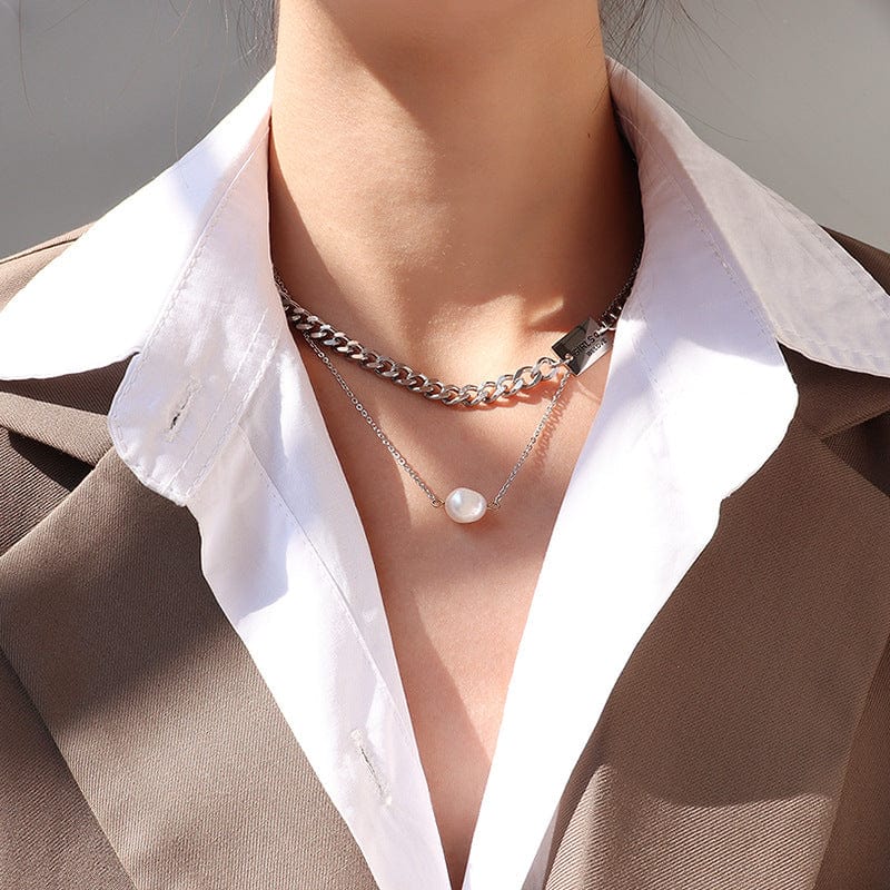 P860-steel double-layer necklace Fashion Double Retro Chain Jewelry New Pearl Letters Square Ladies Necklace Pearl Set of Women