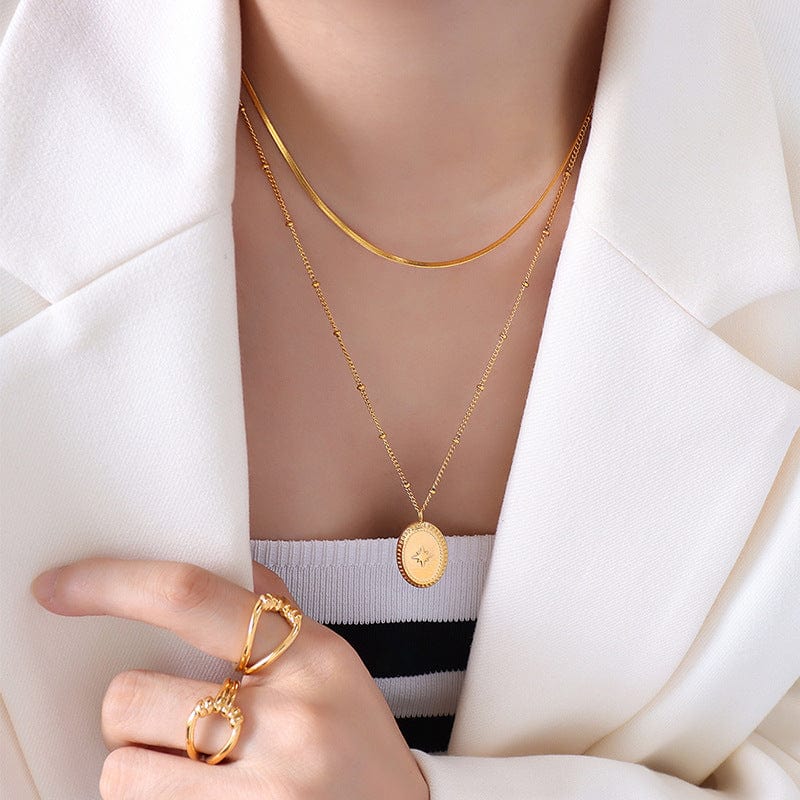 P969 gold double-layer necklace New European Jewelry Double Layer Blade Chain Clip Bead Oval Pendant Overlay Necklace Steel