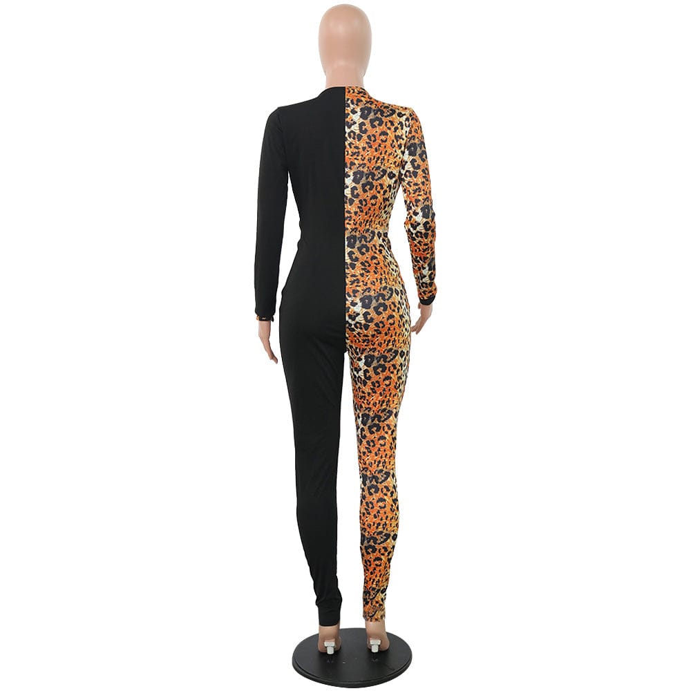 PA6274 - women casual leopard patched long sleeve one piece jumpsuit