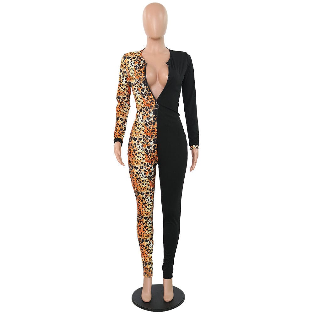 PA6274 - women casual leopard patched long sleeve one piece jumpsuit