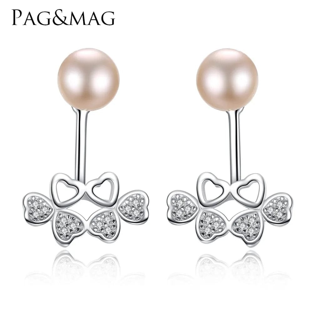 PAG&MAG Women Fine Jewelry 925 Silver Elegant Bow-Knot Pendant Freshwater Natural Pearl Stud Earrings