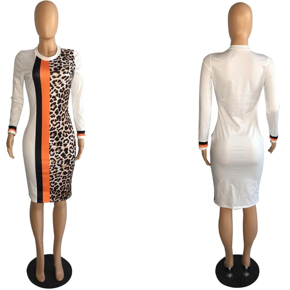 PB8435 - women casual leopard patched long sleeve short one piece dress