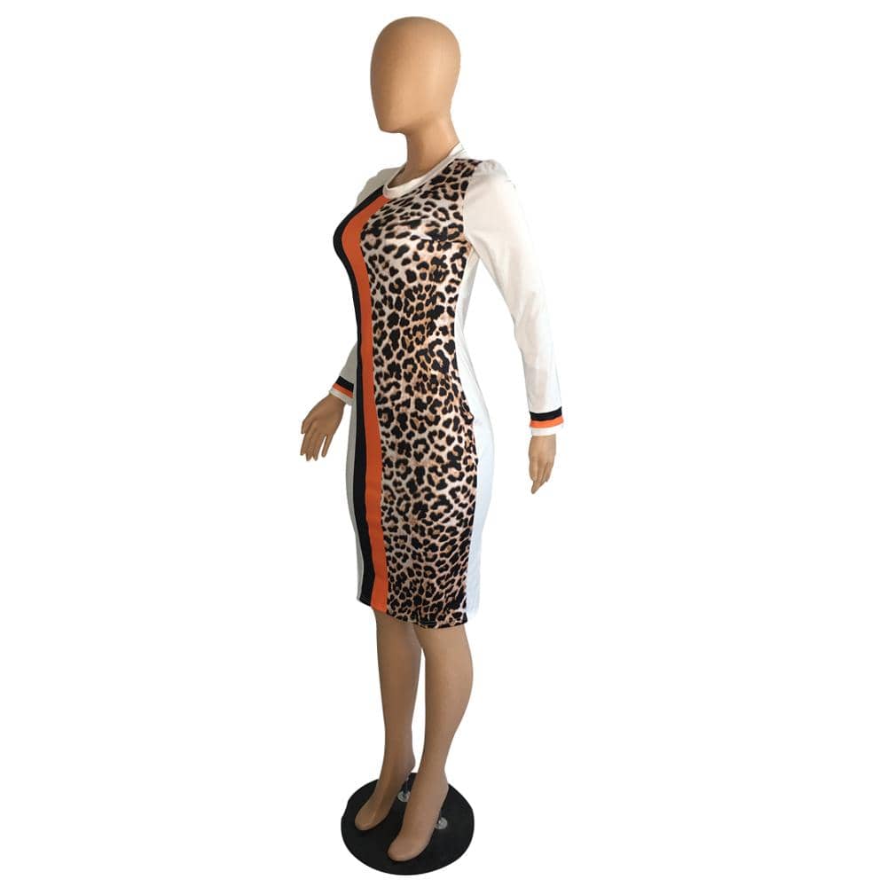 PB8435 - women casual leopard patched long sleeve short one piece dress