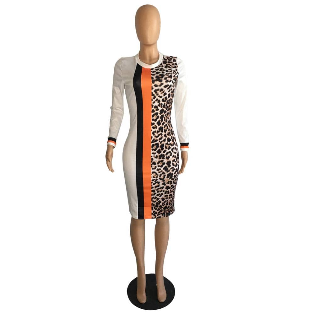 PB8435 - women casual leopard patched long sleeve short one piece dress