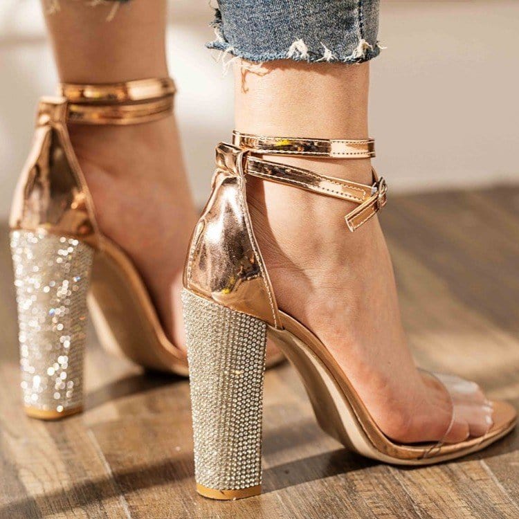 PDEP custom high quality rhinestone shining crystal women block heels clear transparent pvc summer ladies  high heeled sandals