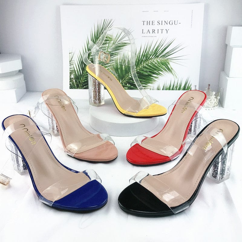 PDEP new arrival ankle buckle strap women thick heels dress shoes transparent heels sandals clear heel for women