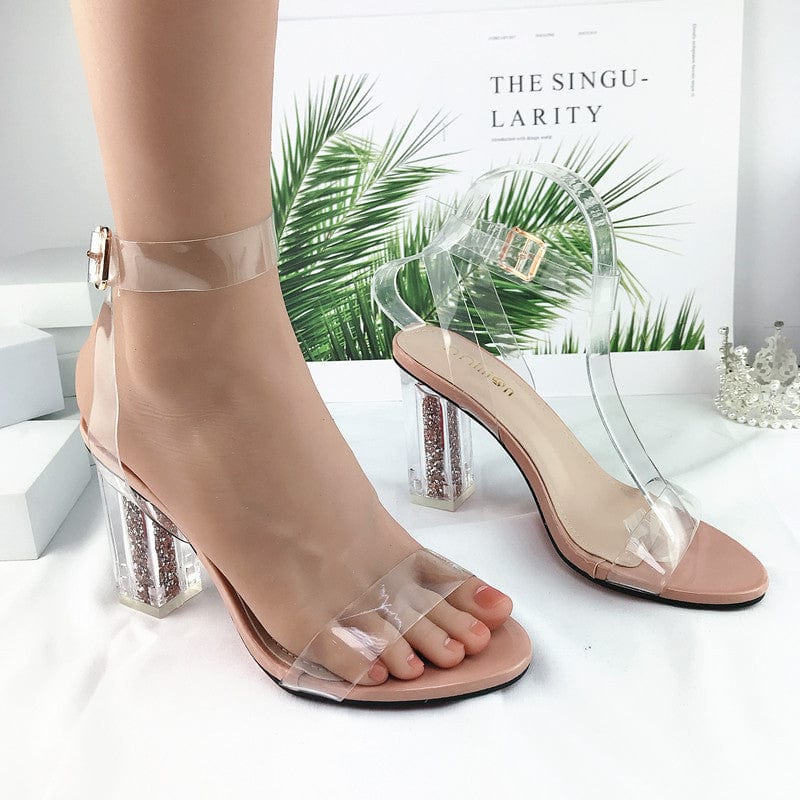 PDEP new arrival ankle buckle strap women thick heels dress shoes transparent heels sandals clear heel for women