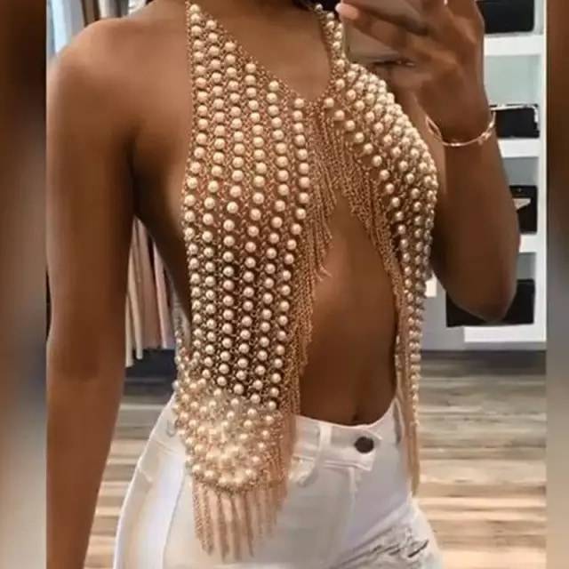 Pearl vest Hot rhinestone shiny tassel body chain bikini bras women exotic stripper outfit dancewear clothes sexy luxe diamond lingerie