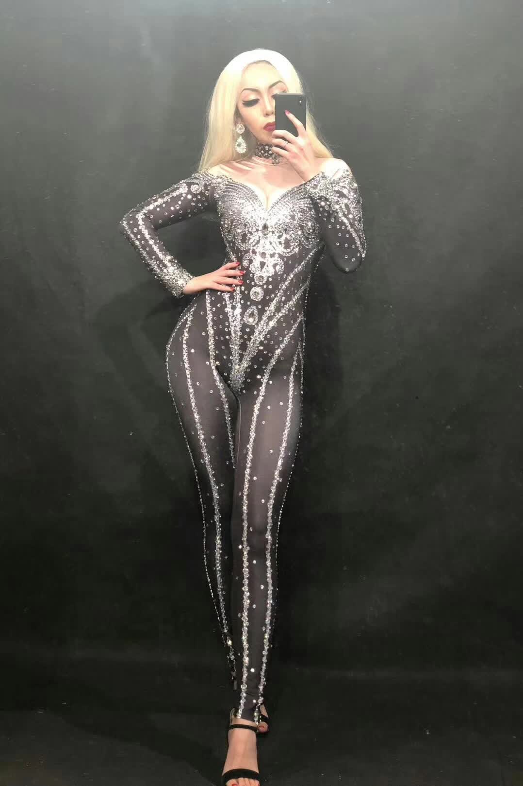 Performance Sparkly Rhinestone Long Sleeve Black Jumpsuit V Neck Off Shoulder Sexy Jumpsuits Club Wear Evening Elegant Jumpsuit