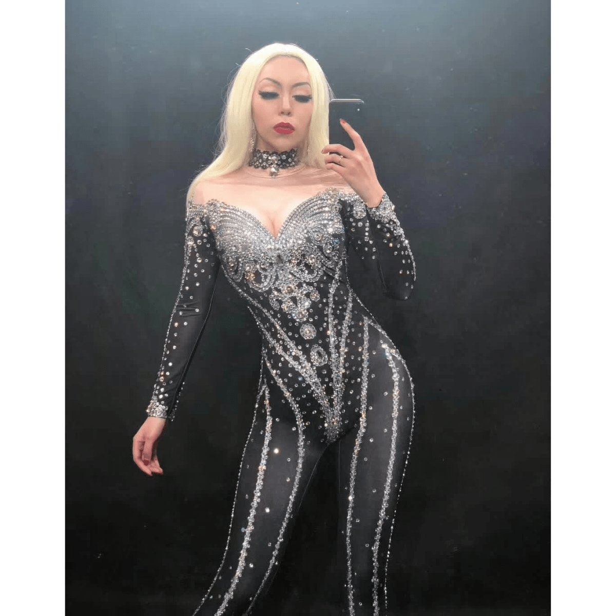 Performance Sparkly Rhinestone Long Sleeve Black Jumpsuit V Neck Off Shoulder Sexy Jumpsuits Club Wear Evening Elegant Jumpsuit