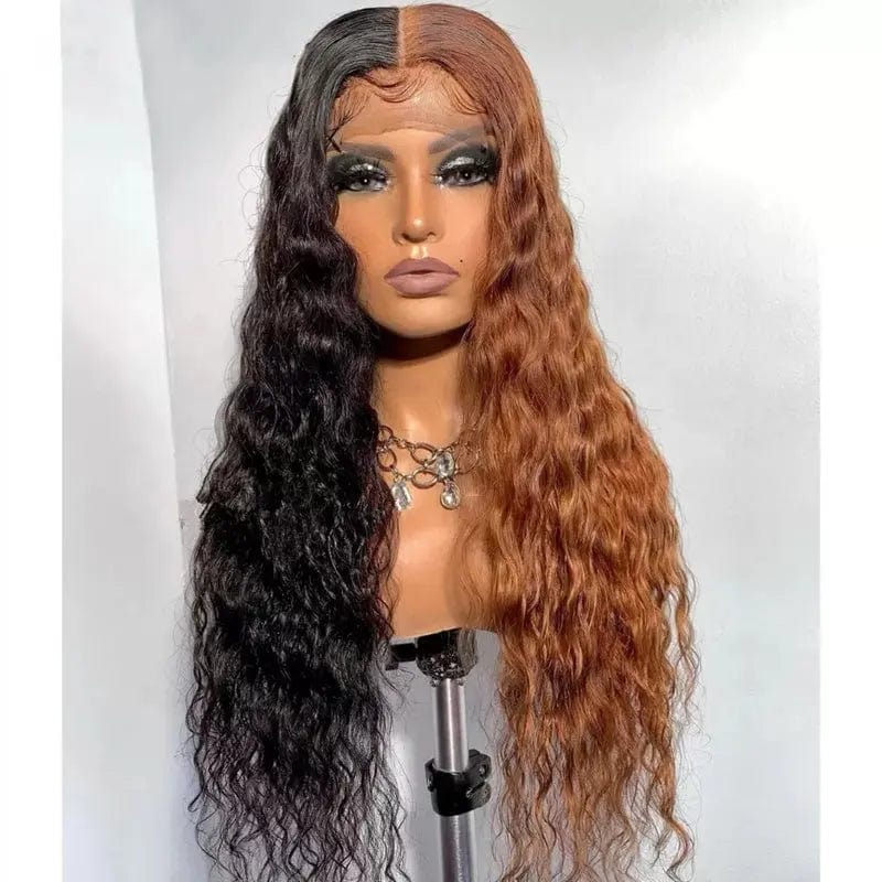 Personality Long Water Wave Wig Long Part Half Natural Black Half Medium Auburn Lace Front Wig