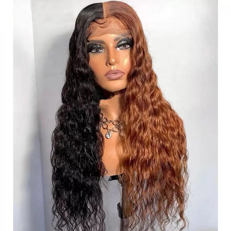 Personality Long Water Wave Wig Long Part Half Natural Black Half Medium Auburn Lace Front Wig