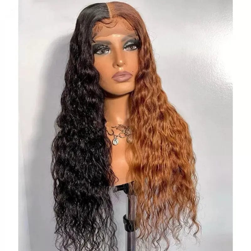 Personality Long Water Wave Wig Long Part Half Natural Black Half Medium Auburn Lace Front Wig