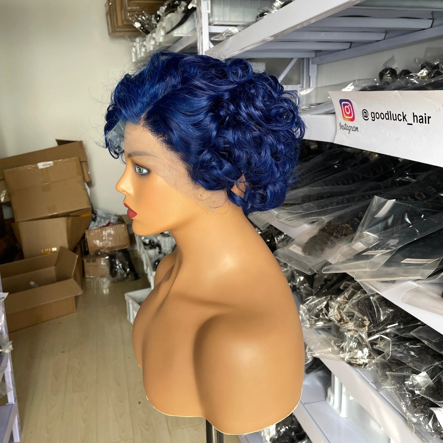 pixie cut / Blue Goodluck blue Perruque Curly Bob Short Pixie Cut